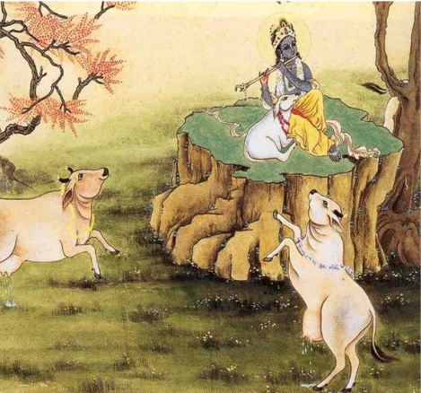 Lord Krishna playing flute with cows